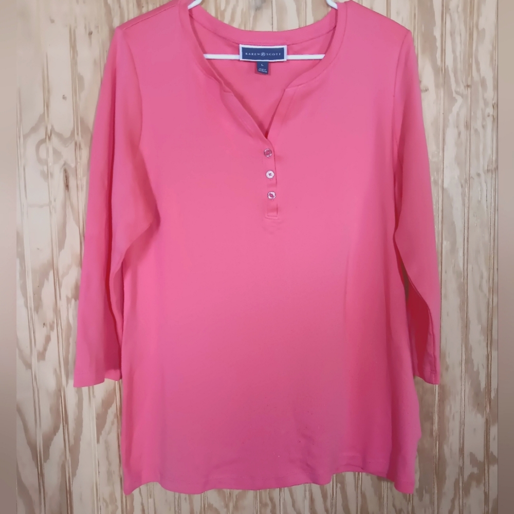 Karen Scott Pink Buttoned Long Sleeve Tee